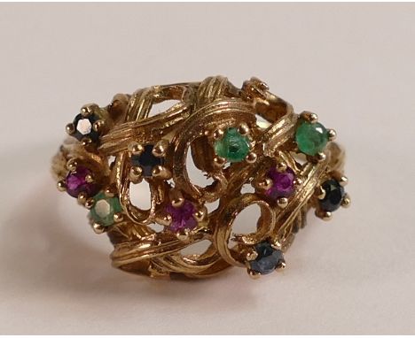 Ladies 9ct gold multi gemstone cluster ring, size O, weight 5.6g.