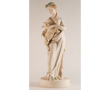 Rare and important W.H Goss coloured Parian figure of Wood Nymph with goat kid, marked to base "Published As The Act Directs 