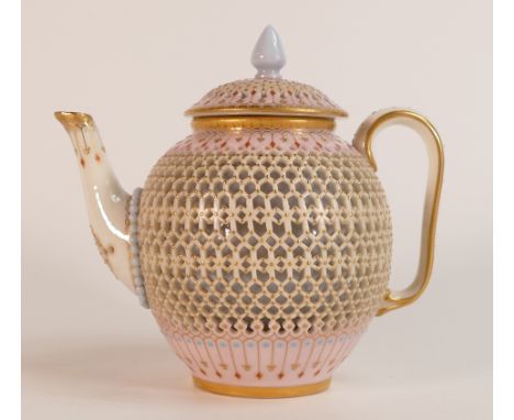 George Owen for Royal Worcester, reticulated porcelain jewelled tea pot with pink ground colours and polychrome jewelling. Pu