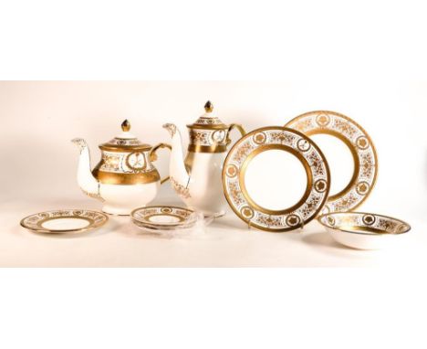 De Lamerie Fine Bone China heavily gilded Emperor patterned tea pot, coffee pot, 23cm plate, 20.5cm plate, 3 coffee can sauce