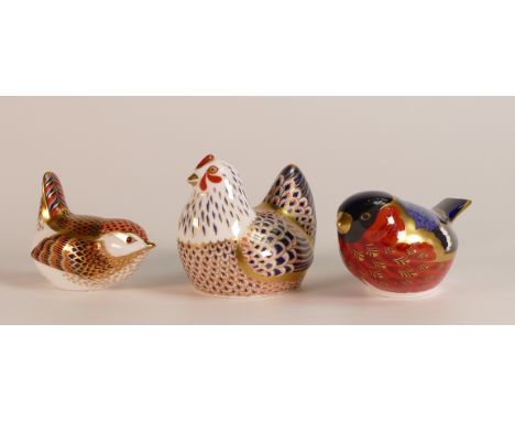 Royal Crown Derby paperweights Wren (silver stopper), Bullfinch (gold stopper) and Hen (silver stopper), boxed. (3)
