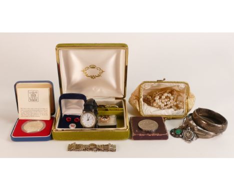 Job lot of Silver and costume jewellery plus odd collectors items, includes Sterling Silver bangles (1 bangle lower grade sil