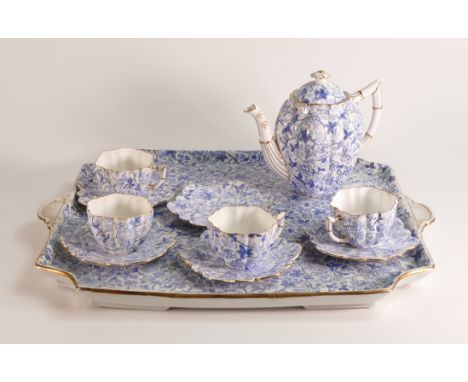 Foley China part cabaret set decorated in blue &amp; white, comprising tray, tea pot and four cups and saucers. (10)