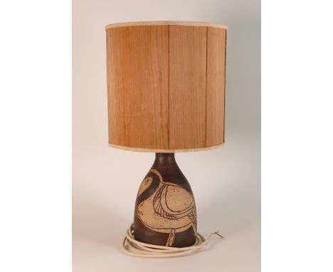 Studio Pottery lamp base with hand painted Owl. Height incl. shade: 39.5cm