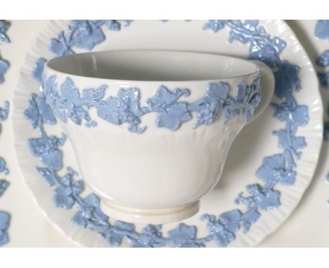 Wedgwood Queensware ruffle edged white with blue Grape design to include seven dinner plates 17cm Dia, six dessert bowls, six