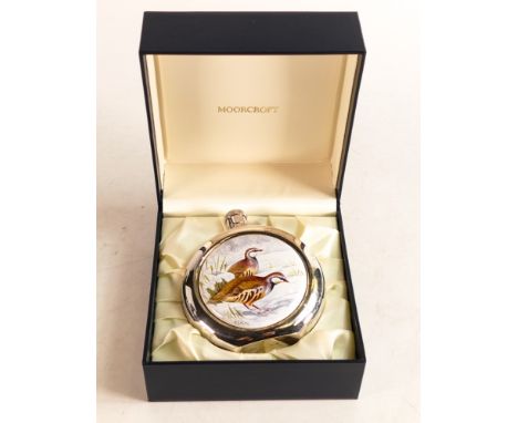 Moorcroft enamel and silver Red Legged Partridge hip flask by Stephen Smith. Limited edition 1/1. Boxed, height 10.5cm