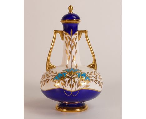 Mintons Art Noveau style two handled vase &amp; cover, gilded with stylised floral decoration on cream ground, DA844, h.15cm.