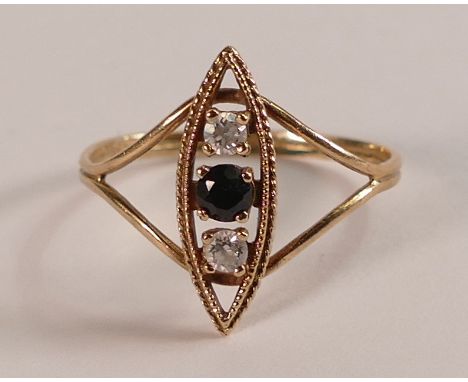 9ct ladies ring set with centre blue Sapphire with Diamond either side, size L/M, 1.3g.