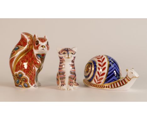 Three Royal Crown Derby Paperweights to include Woodland Squirrel and Kitten (gold stoppers) and Snail (silver stopper) (3)