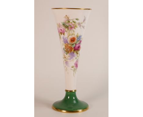 Spode Copeland China trumpet shaped vase, hand painted with flowers by J Worrall, h.31cm.