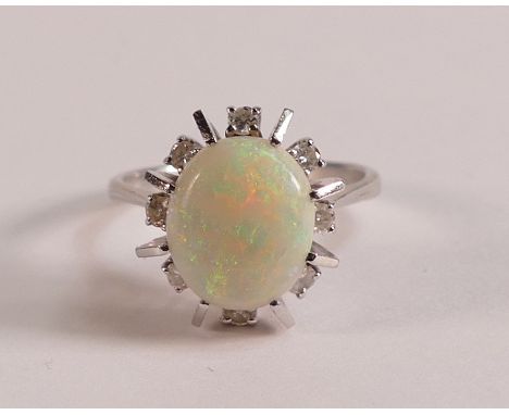9ct white Gold Opal and Diamond dress ring, shank not hallmarked, but tested as 9ct gold or better, ring size O, weight 4.29g