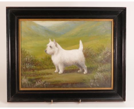 Henry Crowther (fl. 1901–1939) 'Ardri Of The Roe', Portrait of a West Highland White Terrier in natural setting. Framed behin