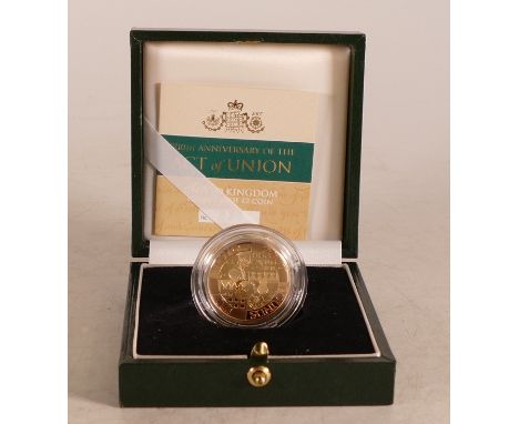 2007 FULL proof Act of Union 22ct gold DOUBLE sovereign / £2 coin in case with certificate.