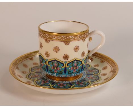 Mintons, late 19th century Chinoiserie coffee can and saucer. Both cup and saucer are decorated with Wucai style raised ename
