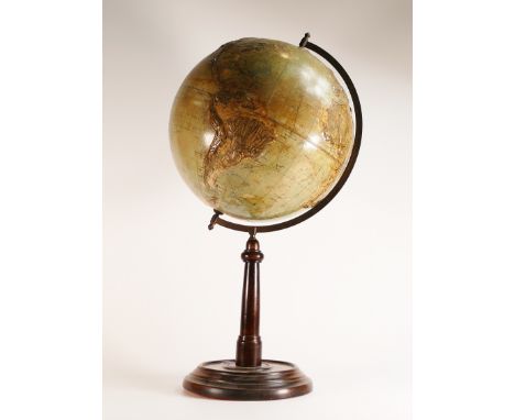 The Burgess' New Relief Globe designed by F. H. Burgess of London. Mounted with a fitted compass to base. Height: approx. 63.