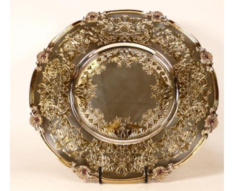 De Lamerie Fine silver plated gilt layplate/tray, Royal Bow pattern with red gem stones, high end quality item, new and Made 
