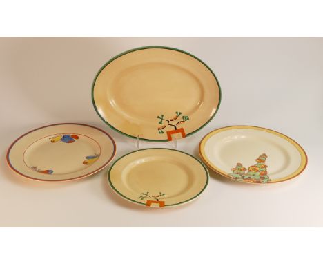 Clarice Cliff for Newport Pottery Bizarre Ravel pattern oval platter a/f and plate, Wilkinson Ltd. Bizarre Sunshine plate and