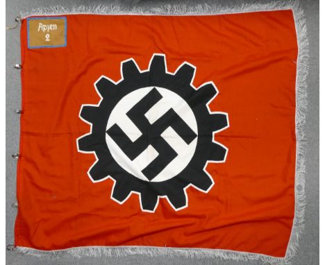 NSDAP DAF German Handworkers Flag. Reverse has a sewn on patch reading 'Appen 2'. Silver metallic thread to edges. Flagstaff 