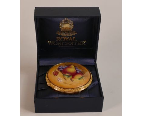 J. Bowman for Royal Worcester, hand painted fruit still life trinket / pill pot. Signed to lower right. Boxed. Diameter: 6.5c