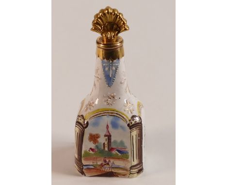 18th century Bilston enamel and gilt scent flask. Decorated with white enamel and gilt and yellow borders. Architectural colu