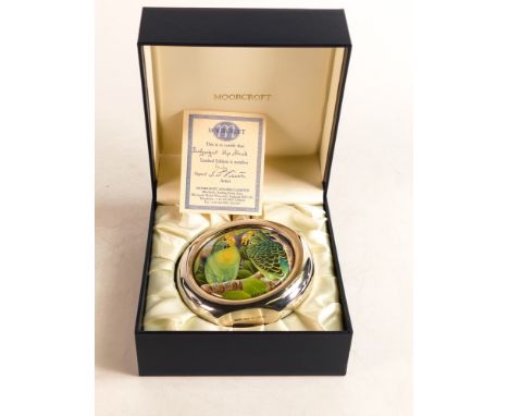 Moorcroft enamel and silver Budgerigar hip flask by Stephen Smith. Limited edition, number 1. Boxed with certificate. Height 