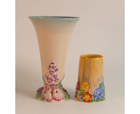 Clarice Cliff for Wilkinson Ltd. Foxglove pattern trumpet vase and My Garden pattern small vase. Height of tallest: 23cm (2)