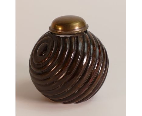 19th century Lignum Vitae Globular form Inkwell with Brass fittings. Height: 8.5cm