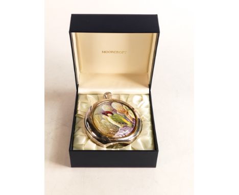 Moorcroft enamel and silver Woodpecker hip flask by Stephen Smith. Boxed, height 10.5cm