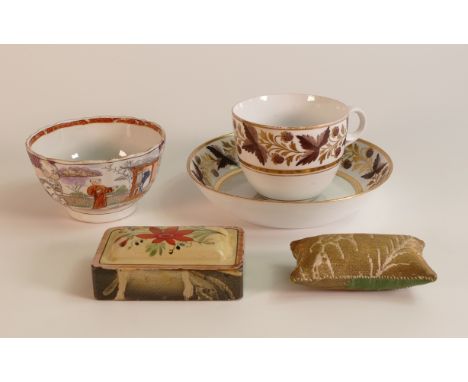 A Worcester Strawberry and Leaf pattern tea cup and saucer, 19th century Chinese boy in the window tea bowl together with Sta