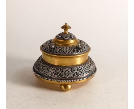 A 19th century Russian style Parcel-Gilt Filigree Inkstand. Fitted glass Inkwell with ground pontil. Formed of three white-me