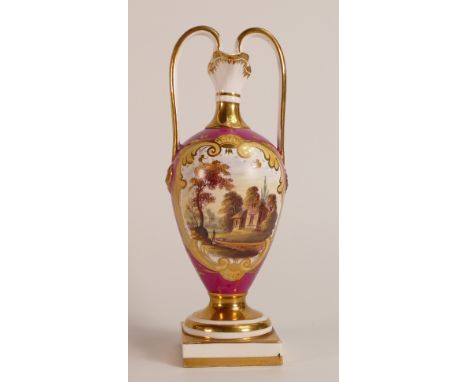 19th century Mintons two handled porcelain vase, gilded loop handles with hand painted panels of house and landscape, c1830, 
