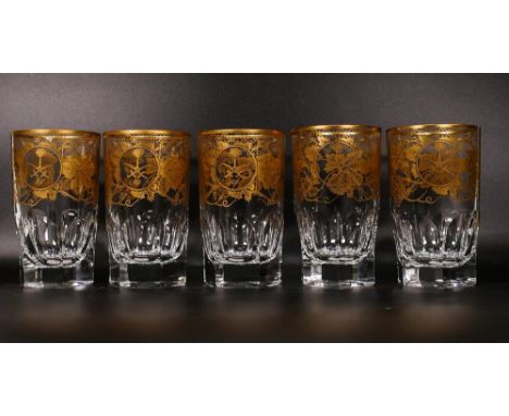 Five De Lamerie Fine Bone China heavily gilded  Tumbler glasses all with Personalised Saudi Motif, specially made high end qu