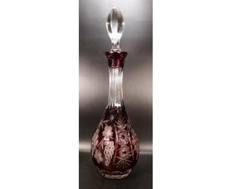 Ruby Red large Crystal decanter, Nachtmann cut grapes decoration, height with stopper 39.5cm