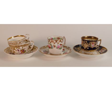 Three 19th century hand painted tea cups and saucers, includes one Spode New Embossed Pattern example. Hand painted floral de