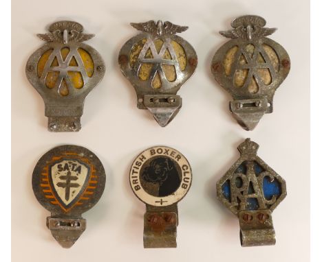 A collection of vintage car badges comprising AA Malaya, The Singapore Anti Tuberculosis, British Boxer Club, RAC etc. (6) Fr