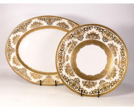 De Lamerie Fine Bone China heavily gilded Samarkand patterned large platter &amp; similar circular item, diameter of largest 