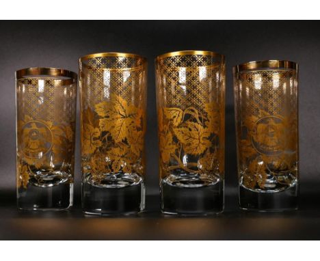 Four De Lamerie Fine Bone China heavily gilded pattern Tumbler glasses two with United Arab Emirates motif, specially made hi