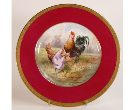 Spode Copeland China gilded cabinet plate, hand painted with cockerel and bantams by F Wright, d.26.5cm.