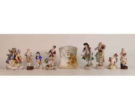 A collection of 20th century Sitzendorf and Samson type porcelain figures together with a hand painted menu stand. (9)