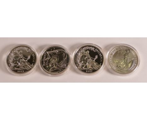 4 x Britannia 1 ounce fine silver .999 coins, 1998, 2003 &amp; 2 x 2007, encapsulated, (4)