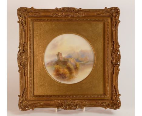 John Stinton for Royal Worcester, hand painted castle landscape plaque. Framed behind glass and signed lower left. Size incl.