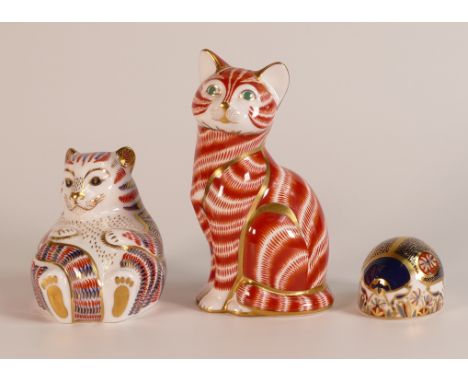 Royal Crown Derby paperweights Tiger Cub (gold stopper), Ginger Cat (silver stopper) and 7 spotted ladybird (silver stopper),