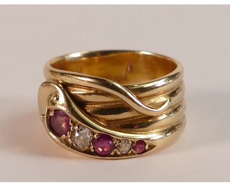 15ct Gold ring set with three Rubies and Diamonds, size P/Q, 9.8g.