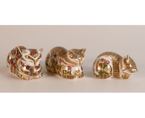 Three Royal Crown Derby Sleeping Cats to include Cottage Garden Cat and Kitten with a Contented Cat. Cottage cats have gold s