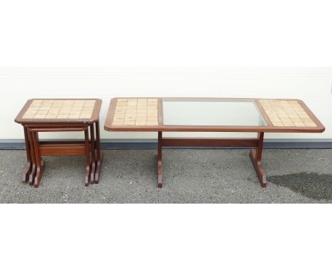 Mid-century G-Plan tile and glass coffee table together with a nest of three tiled tables. Size of table, Height: 43cm Length