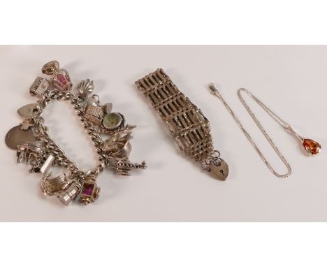 Large &amp; heavy silver charm bracelet with many charms &amp; a silver gate bracelet, plus a silver pendant 46cm wearable, t