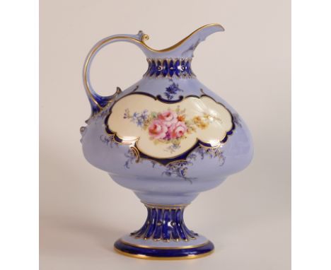 Royal Crown Derby ewer, gilded shaped panel decorated with flowers on light &amp; dark blue ground, h.19.25cm.