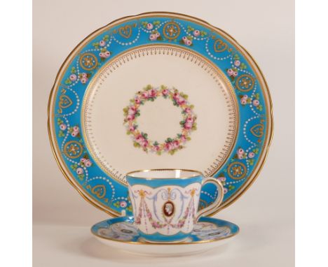 Mintons cabinet plate, raise gilded and decorated with floral banners on turquoise ground, pattern G482, d.23.5cm and similar