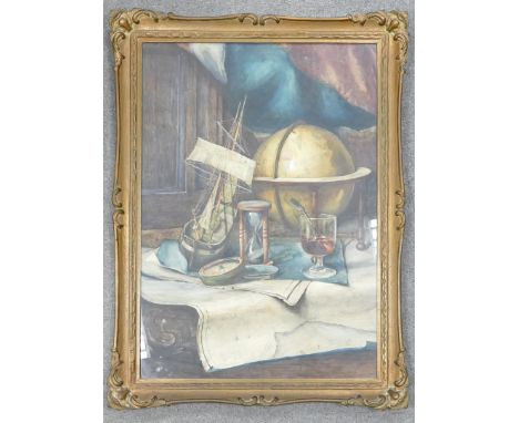 Examine South Kensington (ESK) Maritime themed still life. Set includes Globe, Sailing Ship Model, Hourglass, Hot Toddy, Comp