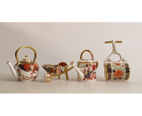 A Royal Crown Derby Imari miniature model Garden Roller together with Watering Can, Wheelbarrow and Kettle, first quality (4)